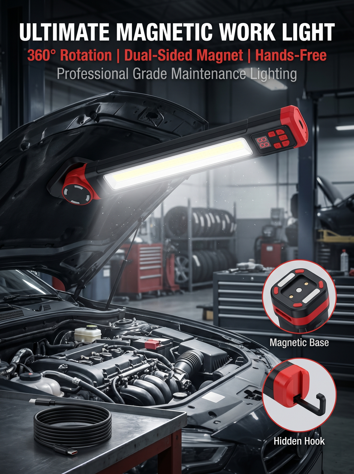 🎁【FathersDayGift】50%OFF🚙 Under Hood Work Light Bar, 3000LM LED Magnetic Light Bar with Hooks